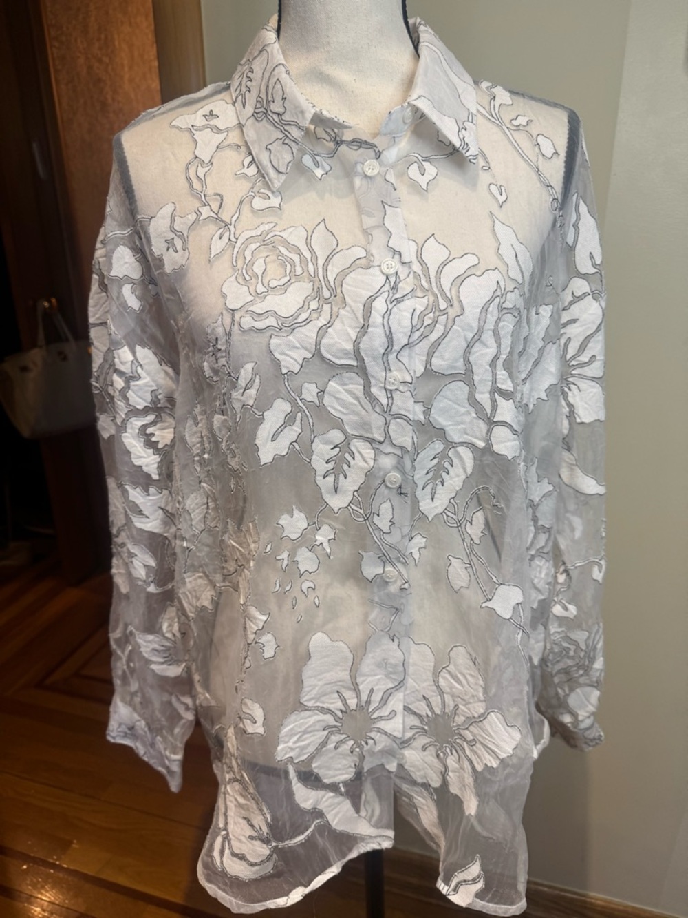 Zara White Sheer Floral Embroidered Button-Up Blouse Sz XL